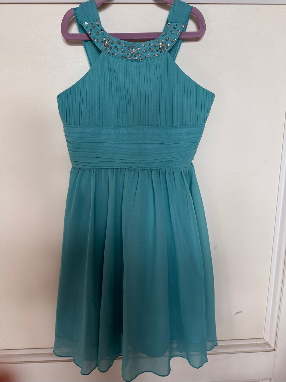 Teal Jewel-Accent Halter Girls' Formal Dress